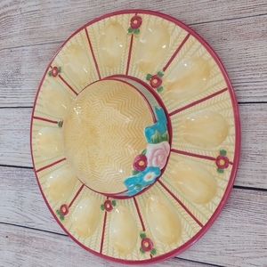 Mary Englebreit deviled egg floral straw hat tray. 2001. Yellow pink & blue.